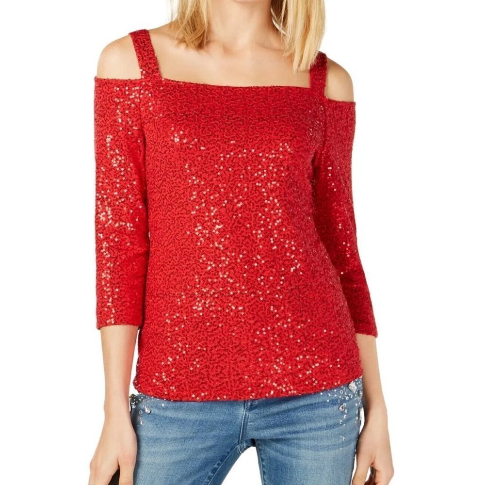 INC Red Sequin Glitter Blouse Top Shirt Holiday Christmas Blouse, L(12)